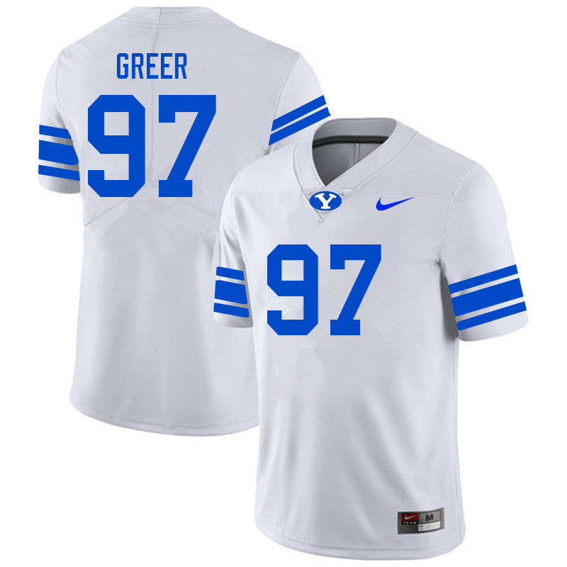 Men #97 Hunter Greer BYU Cougars College Football Jerseys Sale-White - Click Image to Close
